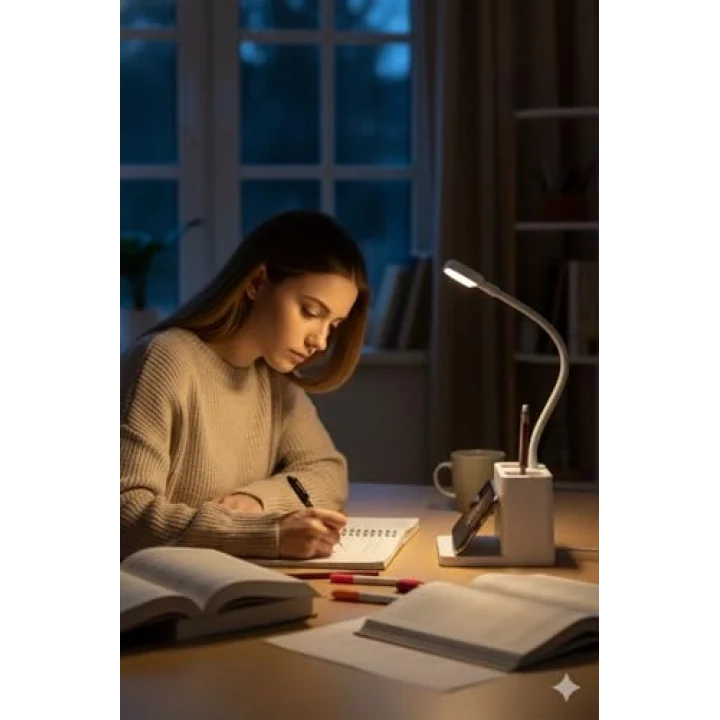 USB Şarjlı LED Masa Lambası Kalemlikli Dokunmatik 3 Kademeli Işık Ayarı 360 Derece Dönebilen Göz Koruma Masa Lambası Ofis Çalışma Gece Lambası