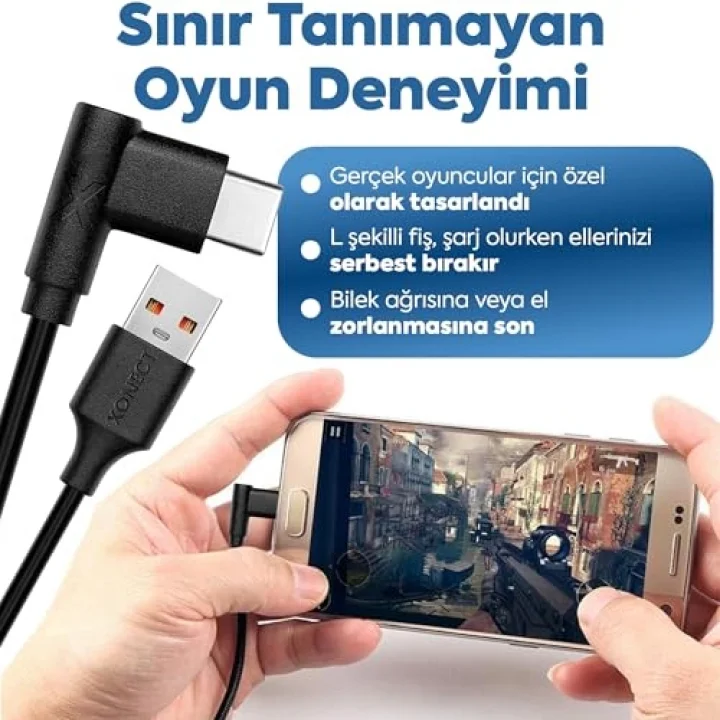 USB to Type-C ile Uyumlu iPhone ve Samsung ile Uyumlu Hızlı Şarj ve Data Kablosu 40 cm L Tipi Gaming (Siyah)