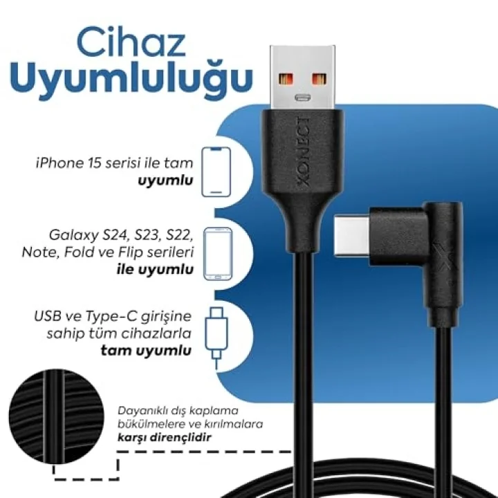 USB to Type-C ile Uyumlu iPhone ve Samsung ile Uyumlu Hızlı Şarj ve Data Kablosu 40 cm L Tipi Gaming (Siyah)