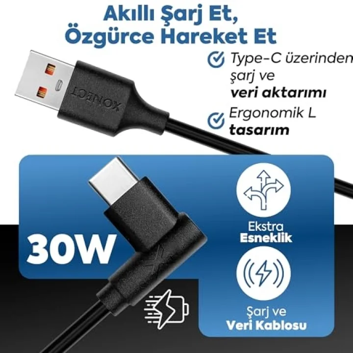 USB to Type-C ile Uyumlu iPhone ve Samsung ile Uyumlu Hızlı Şarj ve Data Kablosu 40 cm L Tipi Gaming (Siyah)