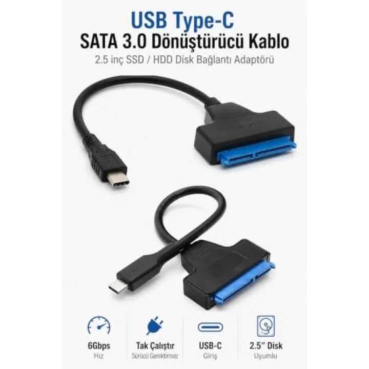 USB Type-C SATA 3.0 Dönüştürücü Kablo | 2.5inç SSD HDD Disk Bağlantı Adaptörü 6Gbps Tak-Çalıştır