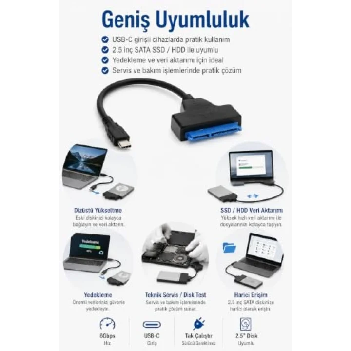 USB Type-C SATA 3.0 Dönüştürücü Kablo | 2.5inç SSD HDD Disk Bağlantı Adaptörü 6Gbps Tak-Çalıştır