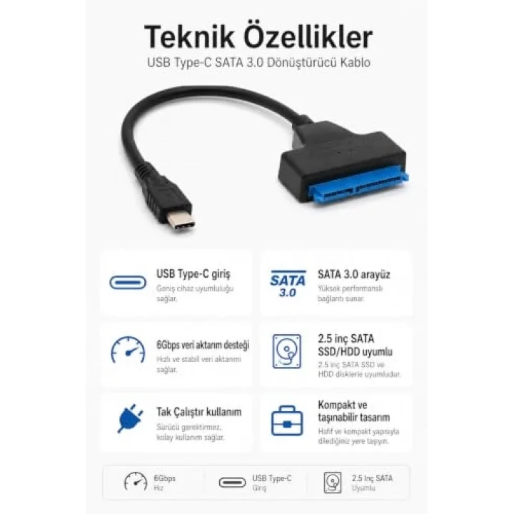 USB Type-C SATA 3.0 Dönüştürücü Kablo | 2.5inç SSD HDD Disk Bağlantı Adaptörü 6Gbps Tak-Çalıştır
