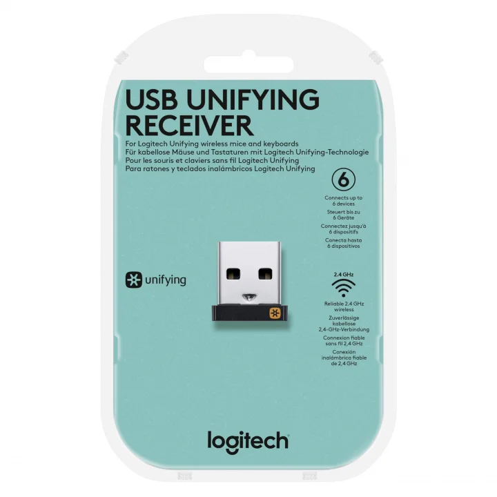 USB-Unifying alıcısı, 2,4 GHz kablosuz teknoloji, USB bağlantısı kablosuz fare ve klavye, PC/Mac/Laptop gibi tüm Unifying cihazlarıyla uyumlu, siyah
