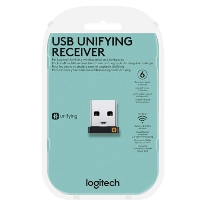 USB-Unifying alıcısı, 2,4 GHz kablosuz teknoloji, USB bağlantısı kablosuz fare ve klavye, PC/Mac/Laptop gibi tüm Unifying cihazlarıyla uyumlu, siyah