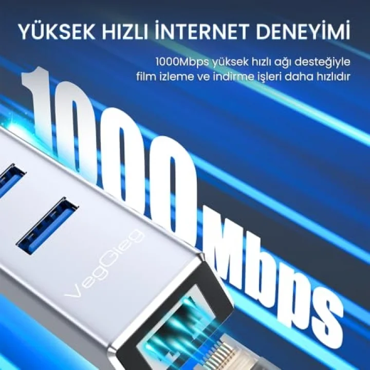 USB ve Type-C Gigabit Ethernet Adaptörü 3 Port USB 3.0 Çoklayıcı Hub