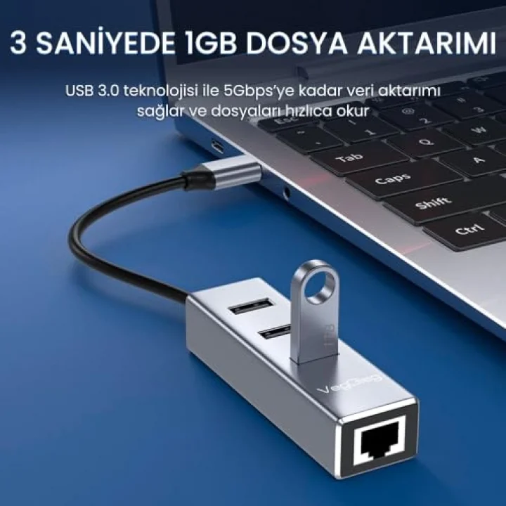 USB ve Type-C Gigabit Ethernet Adaptörü 3 Port USB 3.0 Çoklayıcı Hub