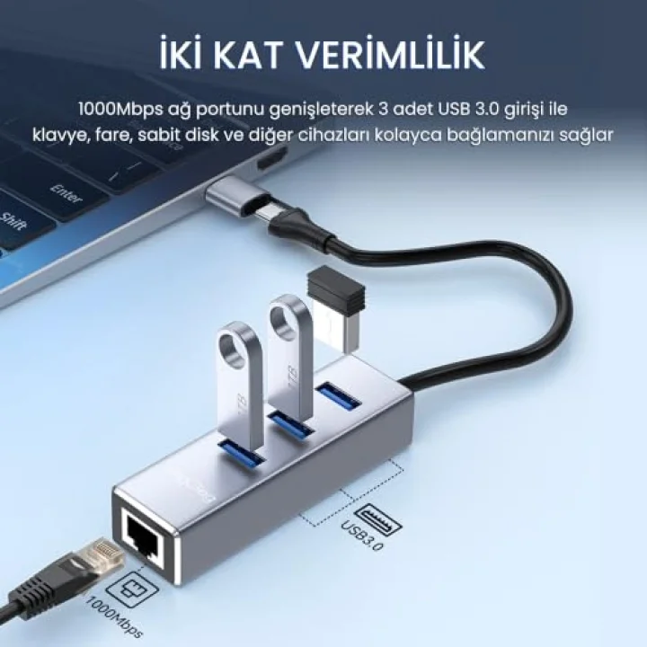 USB ve Type-C Gigabit Ethernet Adaptörü 3 Port USB 3.0 Çoklayıcı Hub