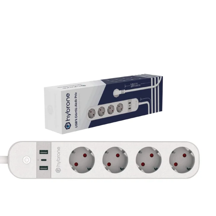 USB ve Type-C Girişli Akım Korumalı Dörtlü Wi-Fi Akıllı Priz, 16 Amper, Enerji İzleme, Uygulama ile Uzaktan Kontrol