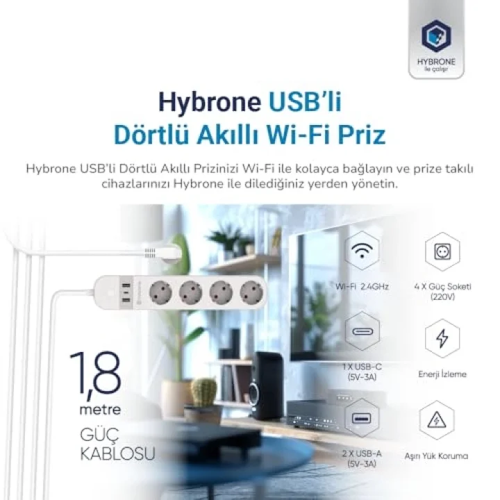 USB ve Type-C Girişli Akım Korumalı Dörtlü Wi-Fi Akıllı Priz, 16 Amper, Enerji İzleme, Uygulama ile Uzaktan Kontrol