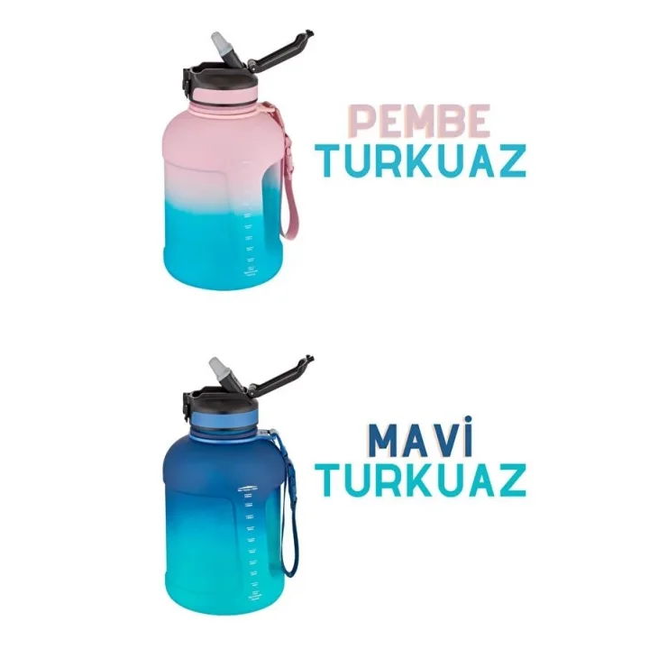 Uzspace 1700ml Çift Renk Pipetli Taşıma Askılı Kulplu Softtouch Motivasyon Su Matarası (Pembe-Mavi)