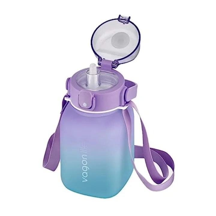 Vagonlife 1100ml Çocuk ASKILI Pipetli/Pipetsiz Kullanım Çift Renk SoftTouch Motivasyon Matarası Çıkartma Hediyeli
