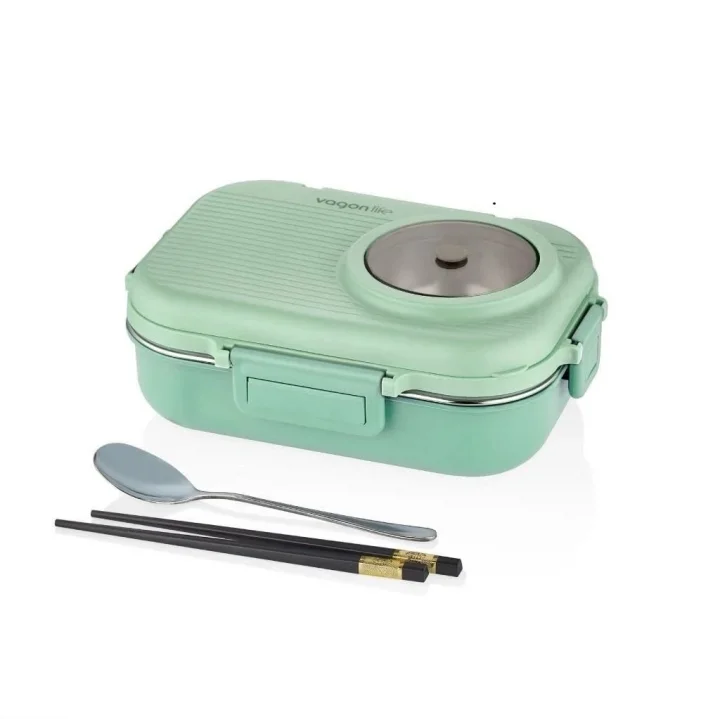 Vagonlife Beslenme Kutusu Paslanmaz Çelik - 1100 ml Sos (Yoğurt) Kaseli Yeni Nesil Lunch Box (Yeşil)
