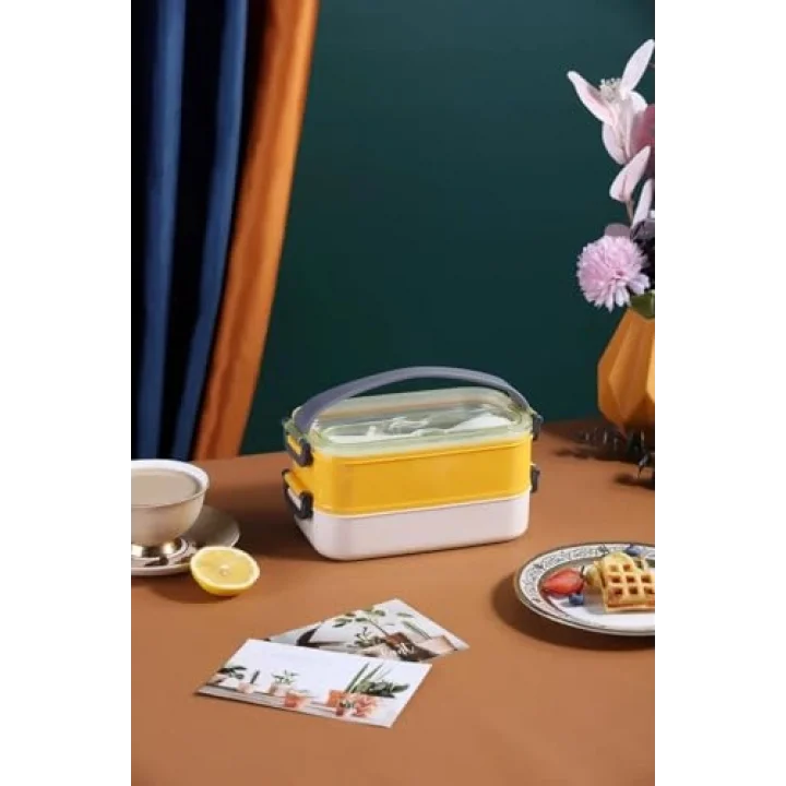 Vagonlife Çift Katmanlı Paslanmaz Çelik Beslenme Kabı-1400 ml (Çatallı Kaşık) Beslenme Kutusu (Sarı)