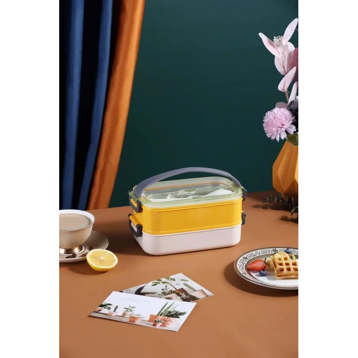 Vagonlife Çift Katmanlı Paslanmaz Çelik Beslenme Kabı-1400 ml (Çatallı Kaşık) Beslenme Kutusu (Sarı)