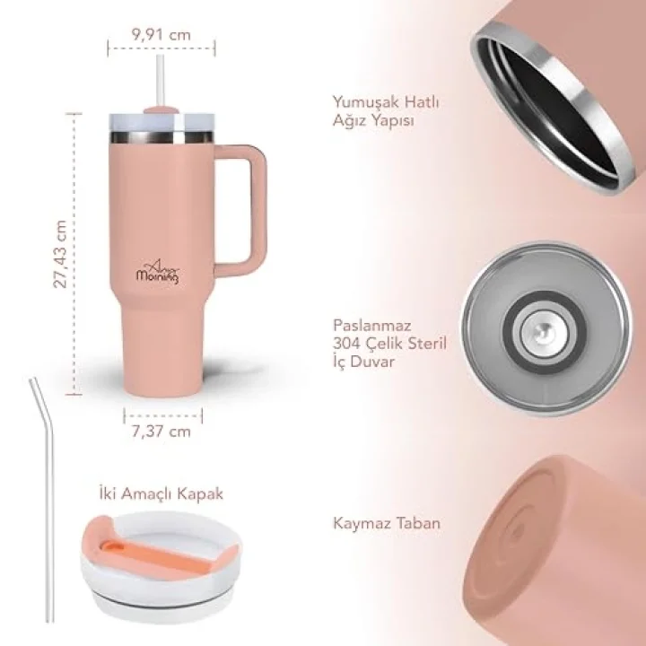 Vaha 1200 ml Termos Mug, 3 Kademeli Çevirmeli Kapak, Açık Somon SI2440217