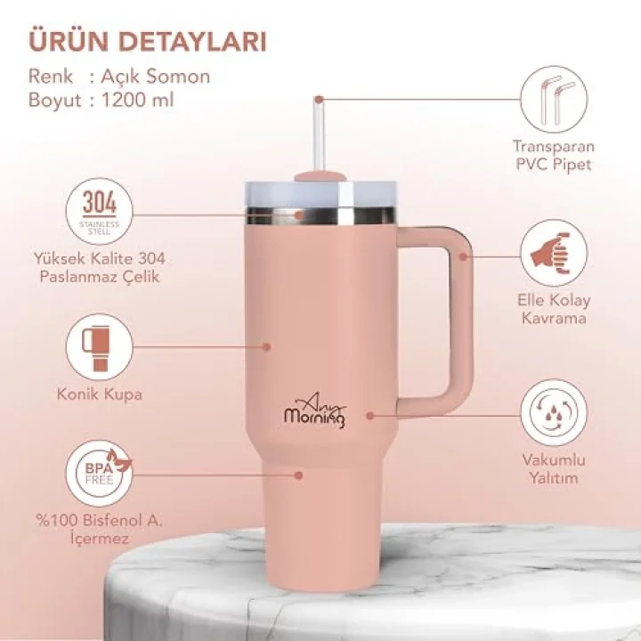 Vaha 1200 ml Termos Mug, 3 Kademeli Çevirmeli Kapak, Açık Somon SI2440217