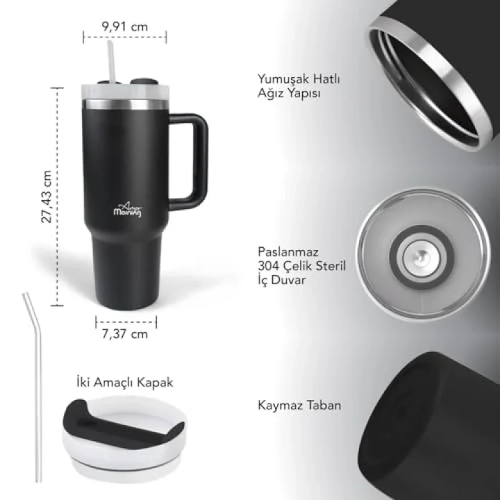 Vaha 1200 ml Üç Kademe Çevirmeli Kapaklı Çift Katman Çelik Termos Mug Siyah SI2440217