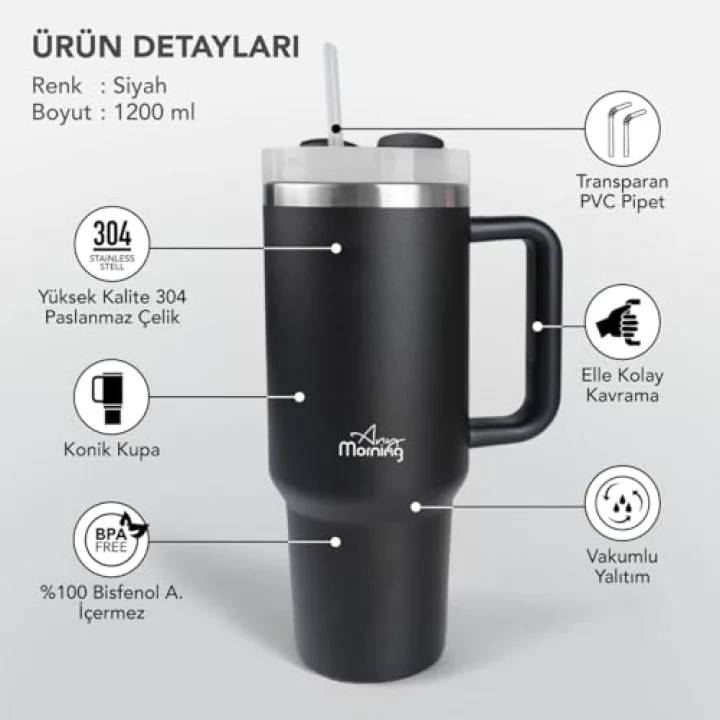 Vaha 1200 ml Üç Kademe Çevirmeli Kapaklı Çift Katman Çelik Termos Mug Siyah SI2440217