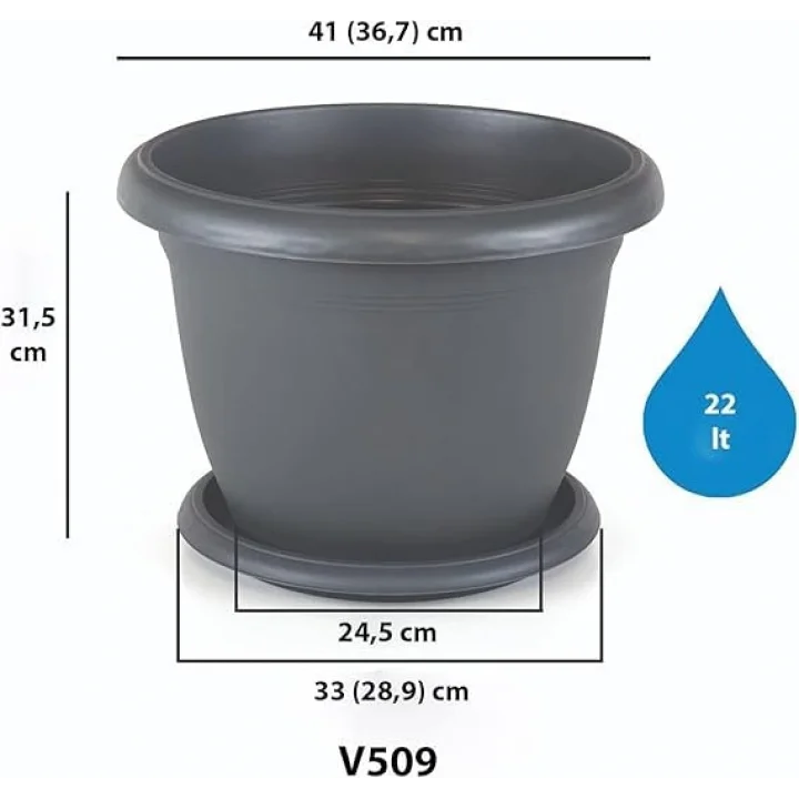 Villa Saksı Tabaklı No: 9 22 Litre, 42 Cm, Antrasit