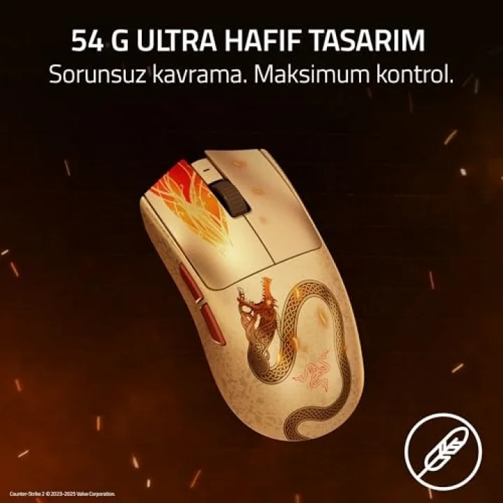 Viper V3 Pro Counter-Strike 2 Dragon Lore - Ultra hafif kablosuz e-spor oyun faresi - 55g - 8K HyperPolling - Focus Pro sensör 35K DPI - 2,4 GHz HyperSpeed - 95 saat - PC/Mac | Dragon Lore