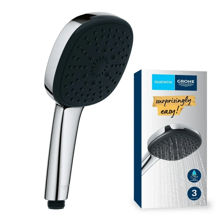 Vitalio Comfort 110 El Duşu, 3 Akışlı (Masaj, Yağmur & Jet), SmartSwitch, 110mm Kare Duş Başlığı, Silikon Halka, Kireç Önleyici Sistem, Krom, 26092001