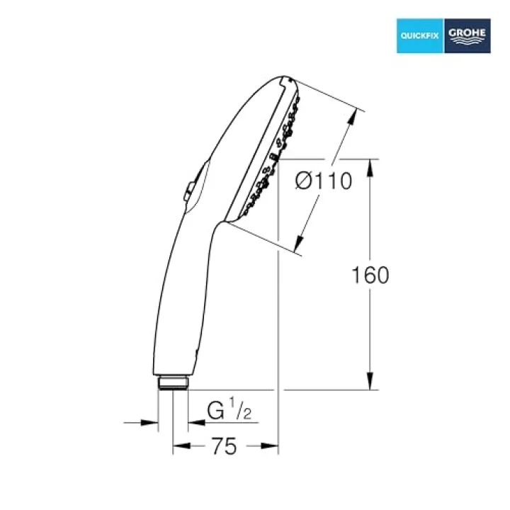 Vitalio Start 110 El Duşu, 3 Akışlı (Masaj, Yağmur & Jet), SmartSwitch, 110mm Yuvarlak Duş Başlığı, Silikon Halka, Kireç Önleyici Sistem, Krom, 26031001