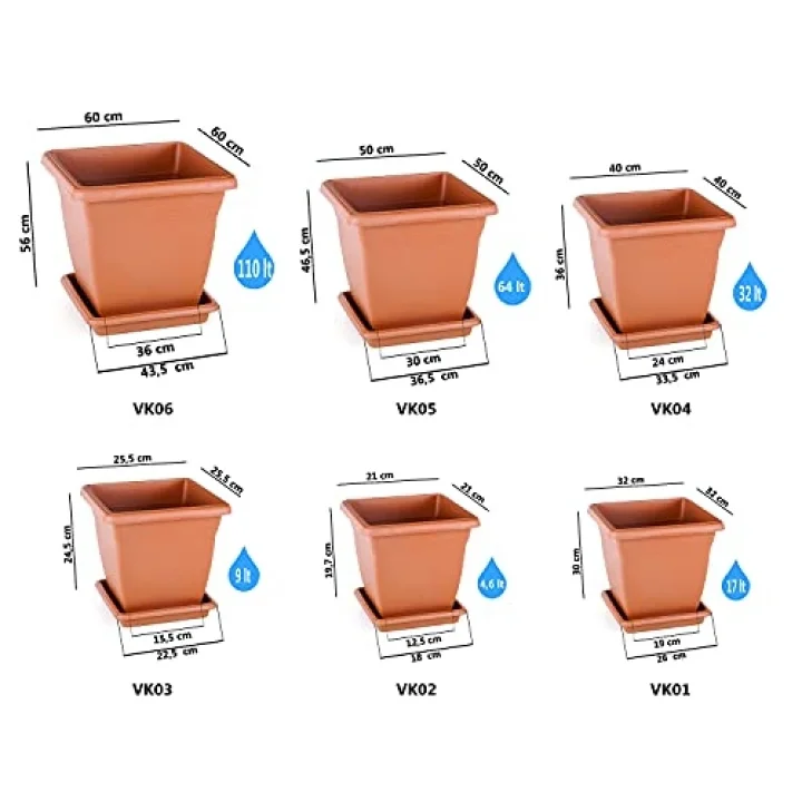 VK04 Villa Kare Saksı No:4 Tabaklı 40 cm, 32 Litre Antrasit