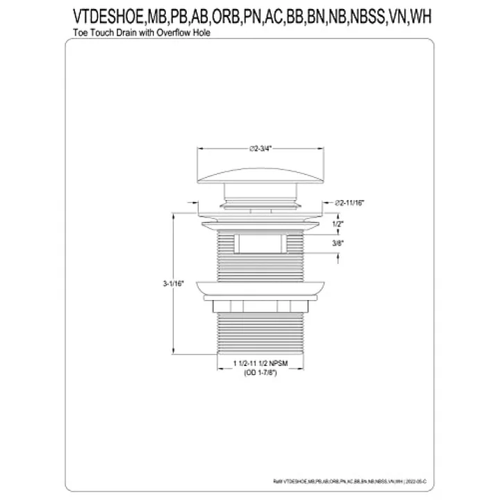 VTDESHOEBB Trimscape Toe-Touch Küvet Tahliyesi, Taşma Akışı, Fırçalanmış Pirinç