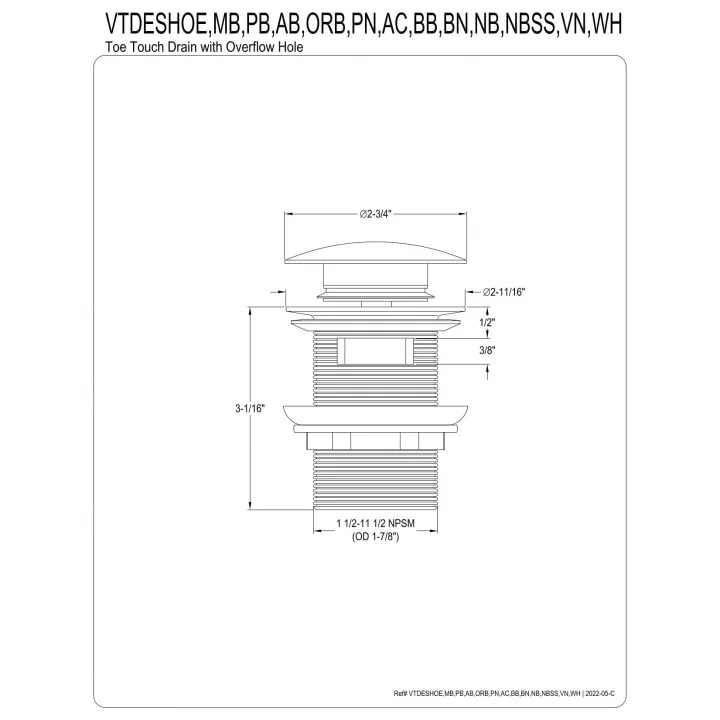 VTDESHOEBB Trimscape Toe-Touch Küvet Tahliyesi, Taşma Akışı, Fırçalanmış Pirinç
