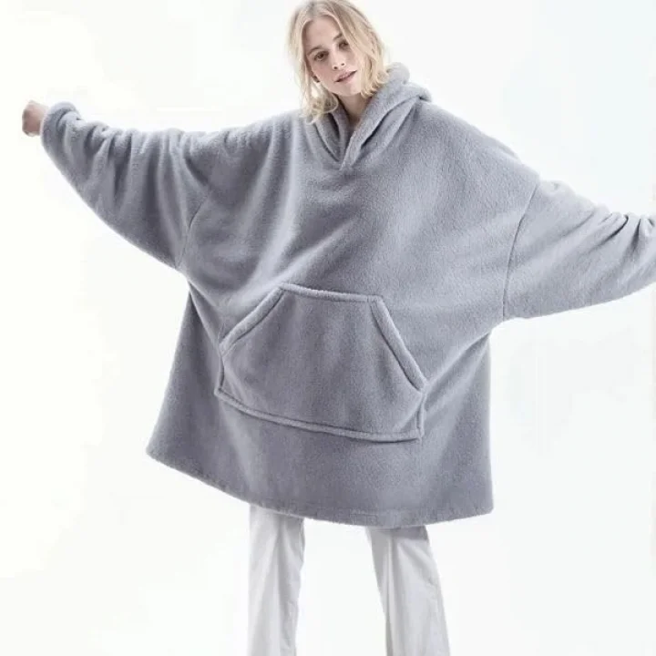 Wellsoft Kapşonlu Giyilebilir Tv Battaniyesi Unisex Over Size 85 x 85 cm Gri Polyester