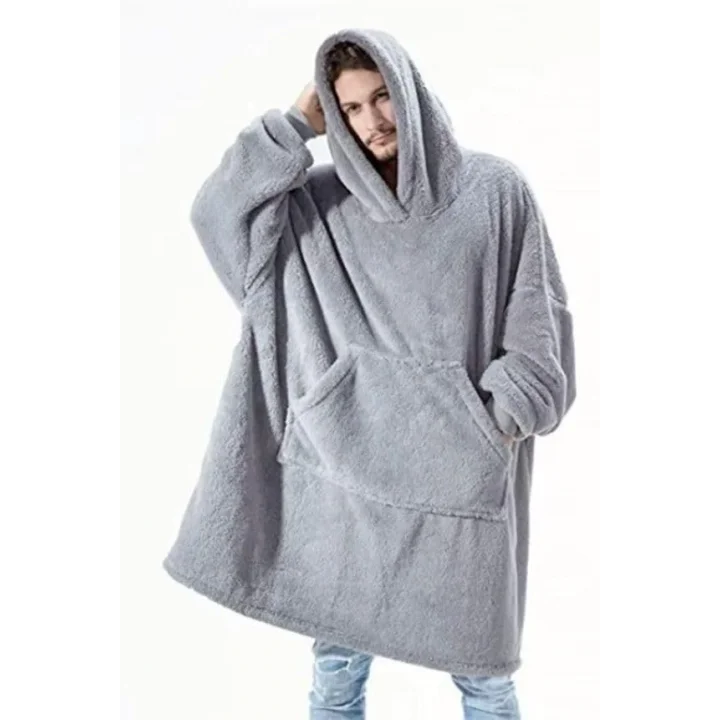 Wellsoft Kapşonlu Giyilebilir Tv Battaniyesi Unisex Over Size 85 x 85 cm Gri Polyester