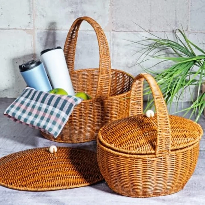 Wicker 2li Kulplu Kapaklı Hasır Piknik Sepeti Seti