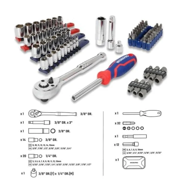 WP209006 84 Parça 3/8’’ 1/4’’ CR-V Metrik/İnç Profesyonel Lokma ve Bits Uç Takımı