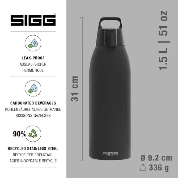 Yalıtımlı içecek şişesi – termos Shield Therm One Black – gazlı içecekler – sızdırmaz – bulaşık makinesinde yıkanabilir – BPA içermez –%90 geri dönüştürülmüş paslanmaz çelik – siyah – 1,5 l