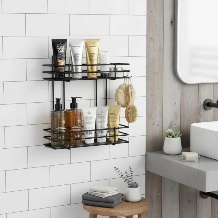 Yapışkanlı 2 Katlı Banyo Rafı Duş Şampuanlık Duvar Düzenleyici Organizer