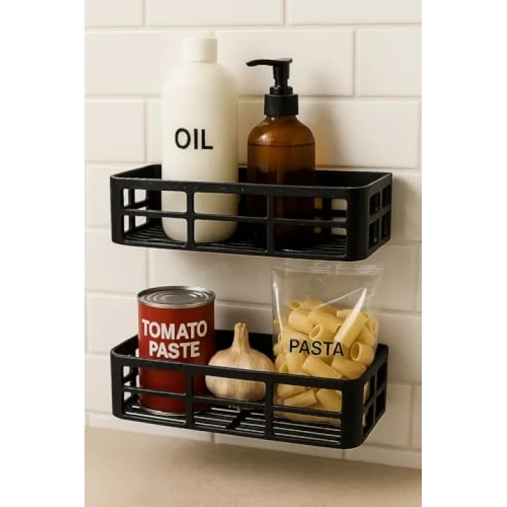 Yapışkanlı Duş Rafı – 2 Adet Paslanmaz Banyo Şampuanlık Organizer | Delmeden Montaj | Geniş Kapasiteli Duş Organizeri | Siyah Plastik Raf – Banyo Mutfak Uyumlu