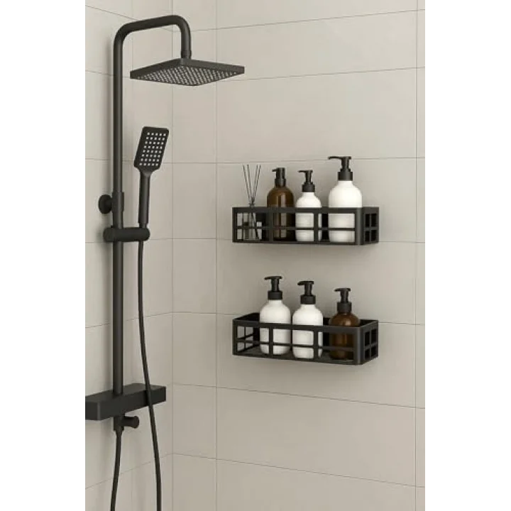 Yapışkanlı Duş Rafı – 2 Adet Paslanmaz Banyo Şampuanlık Organizer | Delmeden Montaj | Geniş Kapasiteli Duş Organizeri | Siyah Plastik Raf – Banyo Mutfak Uyumlu
