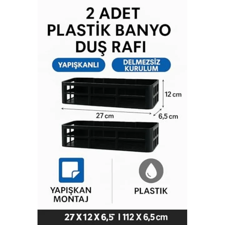 Yapışkanlı Duş Rafı – 2 Adet Paslanmaz Banyo Şampuanlık Organizer | Delmeden Montaj | Geniş Kapasiteli Duş Organizeri | Siyah Plastik Raf – Banyo Mutfak Uyumlu