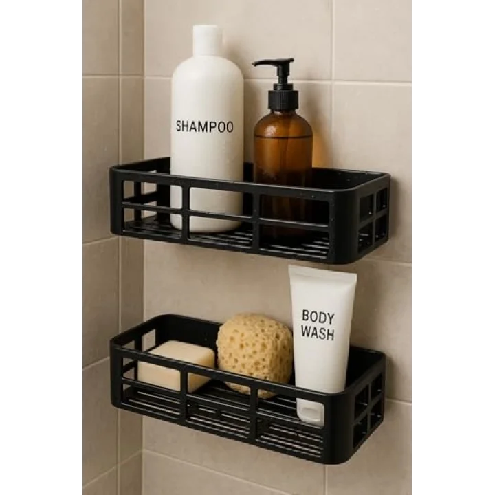 Yapışkanlı Duş Rafı – 2 Adet Paslanmaz Banyo Şampuanlık Organizer | Delmeden Montaj | Geniş Kapasiteli Duş Organizeri | Siyah Plastik Raf – Banyo Mutfak Uyumlu