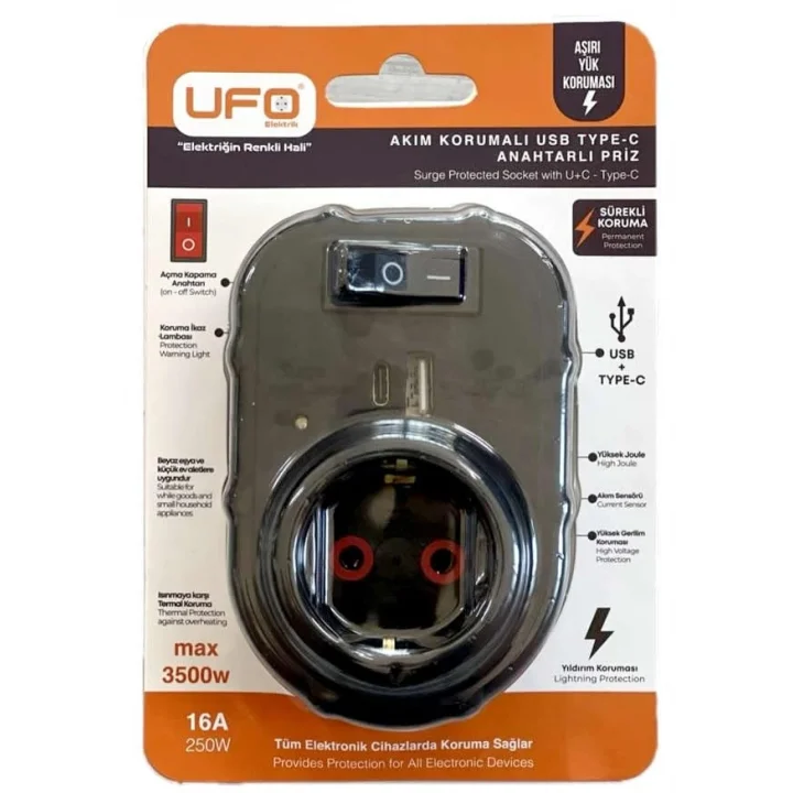 Yeni Tekli Akım Korumalı Priz, 5V 2,4A USB ve Type-C ile Hızlı Şarj, Anahtarlı Topraklı Priz, Sürekli Koruma, 16 A 250 V, Max 3500 W Aşırı Yük Koruması (Gri)