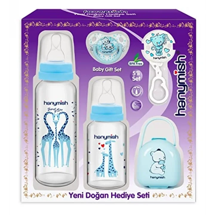 Yenidoğan Cam Hediye Seti (5li, Mavi)