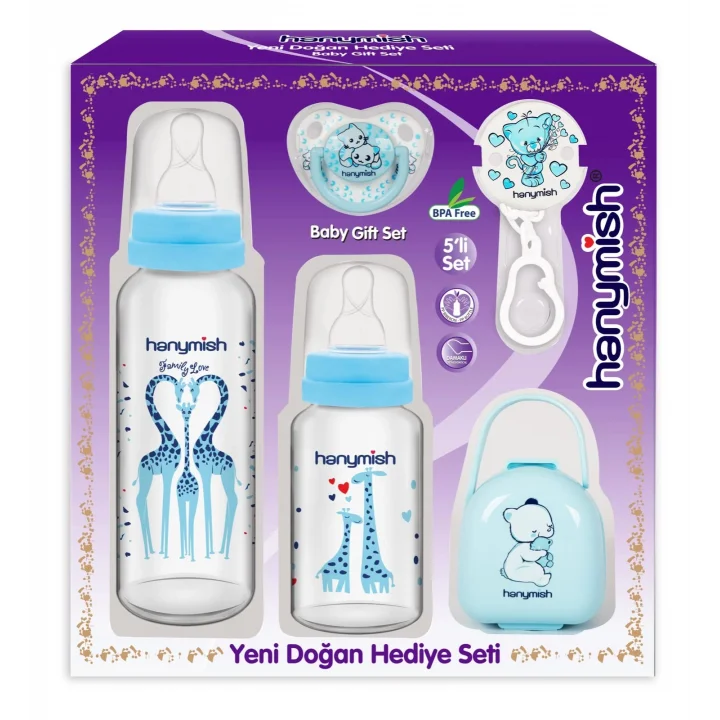 Yenidoğan Cam Hediye Seti (5li, Mavi)