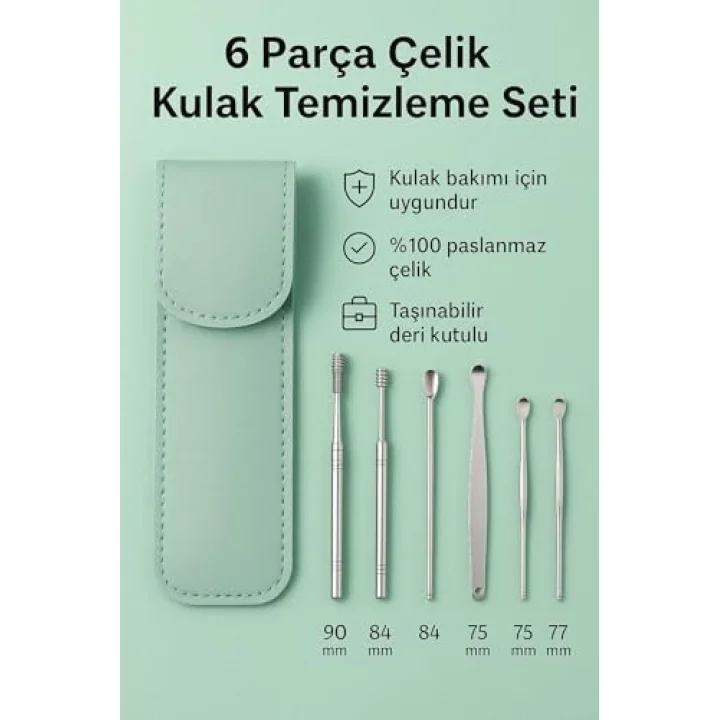 Yeşil Deri Çantalı 6 Parça Çelik Kulak Temizleme Seti cin433ys