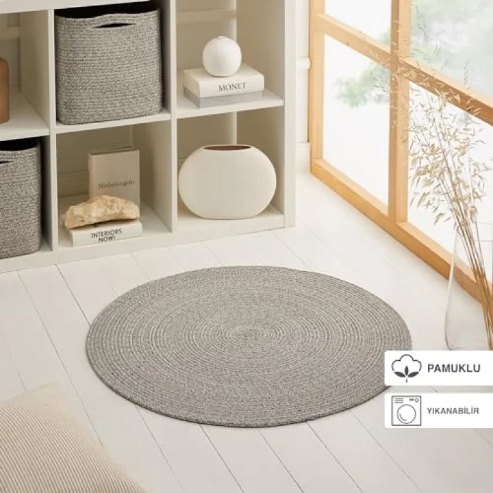 Yıkanabilir Gri Kırçıllı Pamuklu Halı Kilim Ø 80 cm