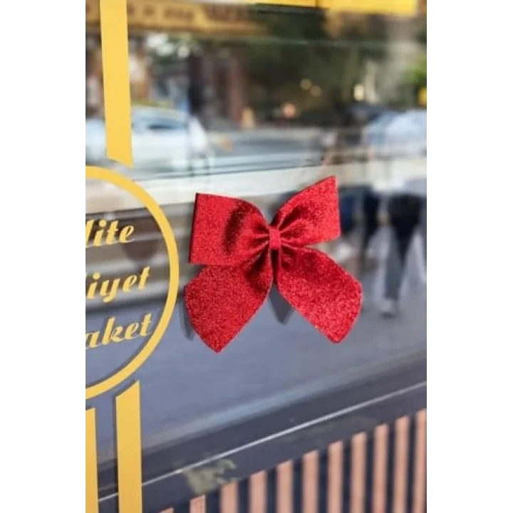 Yılbaşı Ağacı 2Lİ Fiyonk Kırmızı Simli Eva Kapı ve Cam Süsleme