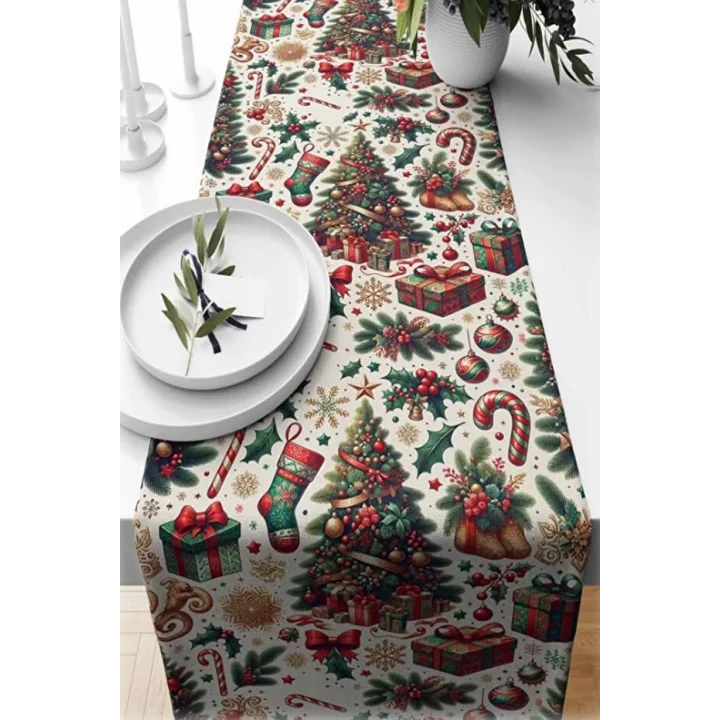 Yılbaşı Temalı Dijital Baskılı Runner Örtüsü Christmas Karma 40x140 cm