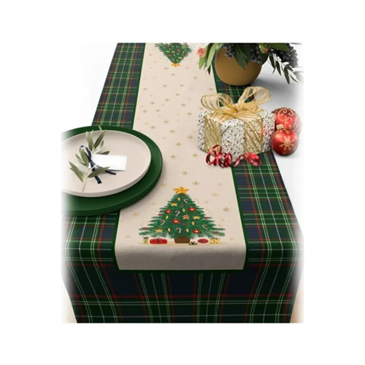 Yılbaşı Temalı Dijital Baskılı Runner Örtüsü Christmas Yeşil 40x140 cm