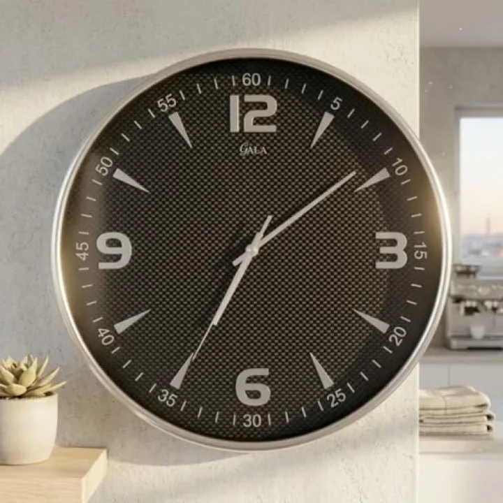 Yuvarlak Duvar Saati, Siyah, Gümüş Çerçeve, 41 cm, Modern Tasarım, Salon için