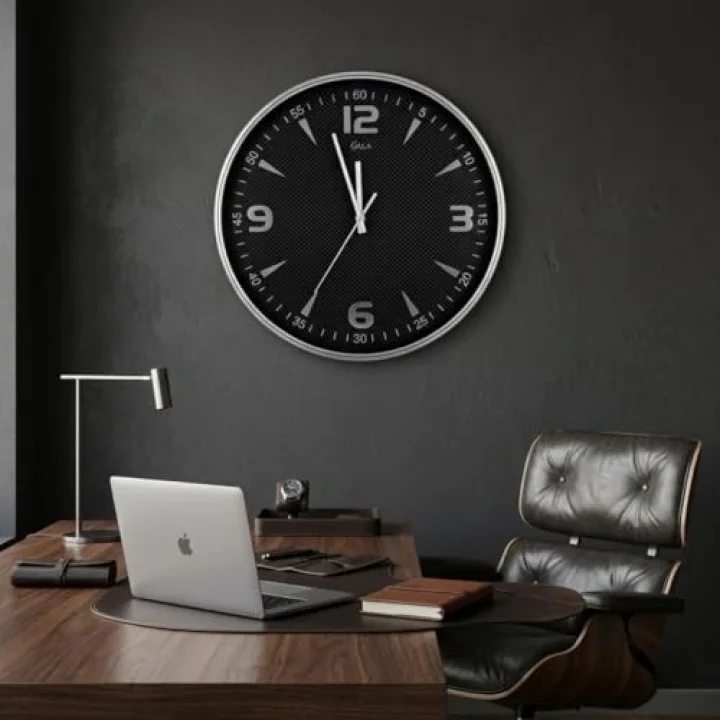 Yuvarlak Duvar Saati, Siyah, Gümüş Çerçeve, 41 cm, Modern Tasarım, Salon için